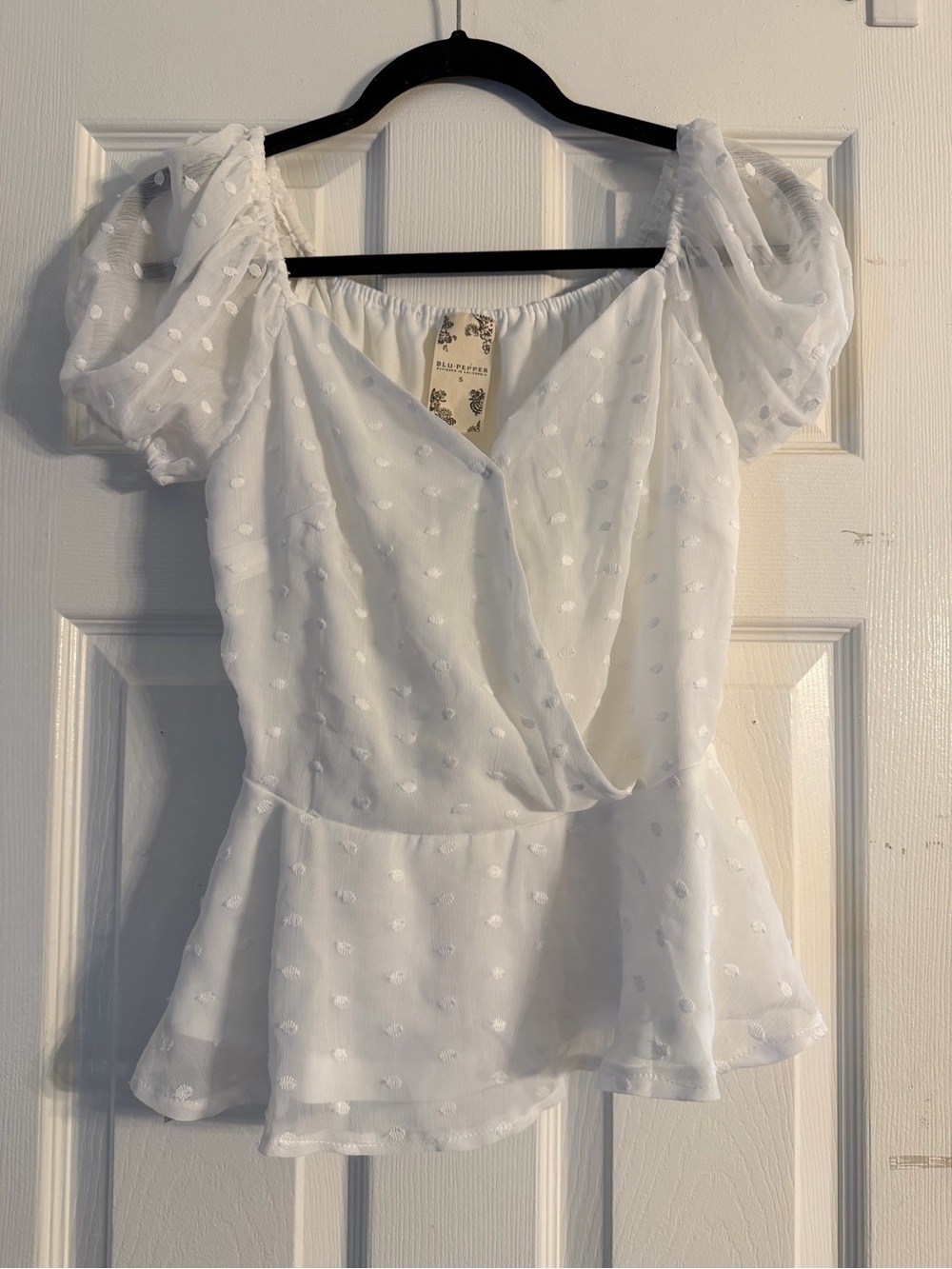 Blu Pepper White Puff-Sleeve Peplum Dot-Blouse